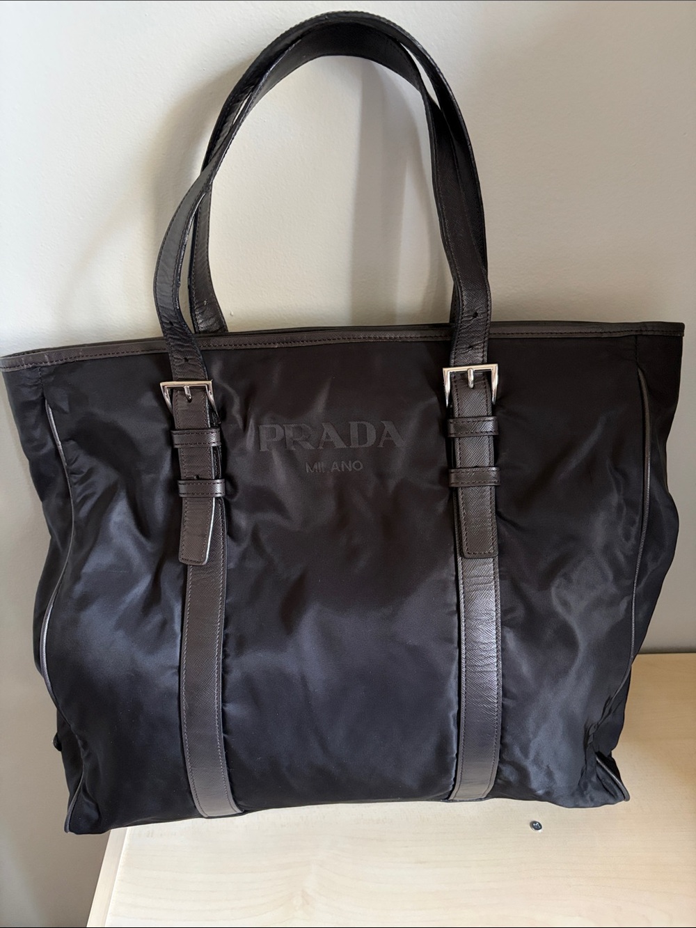Black Men’s Nylon Tote Bag with Leather Straps